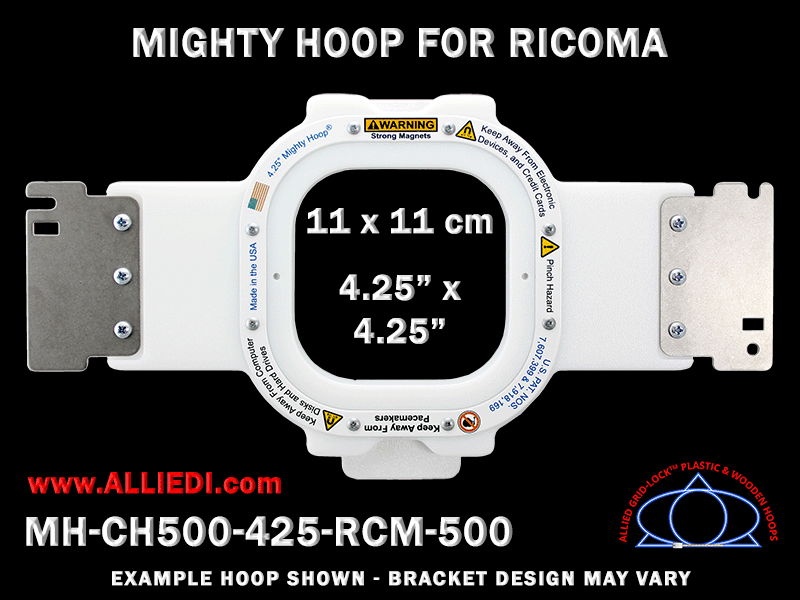 Ricoma 4.25 x 4.25 inch (11 x 11 cm) Square Magnetic Mighty Hoop for 500 mm Sew Field / Arm Spacing